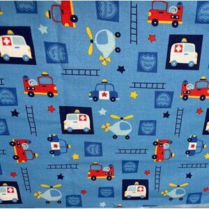 Rescue Team Print Cotton Fabric 23x34" Blue with Ambulances Helicopters Fire Tru